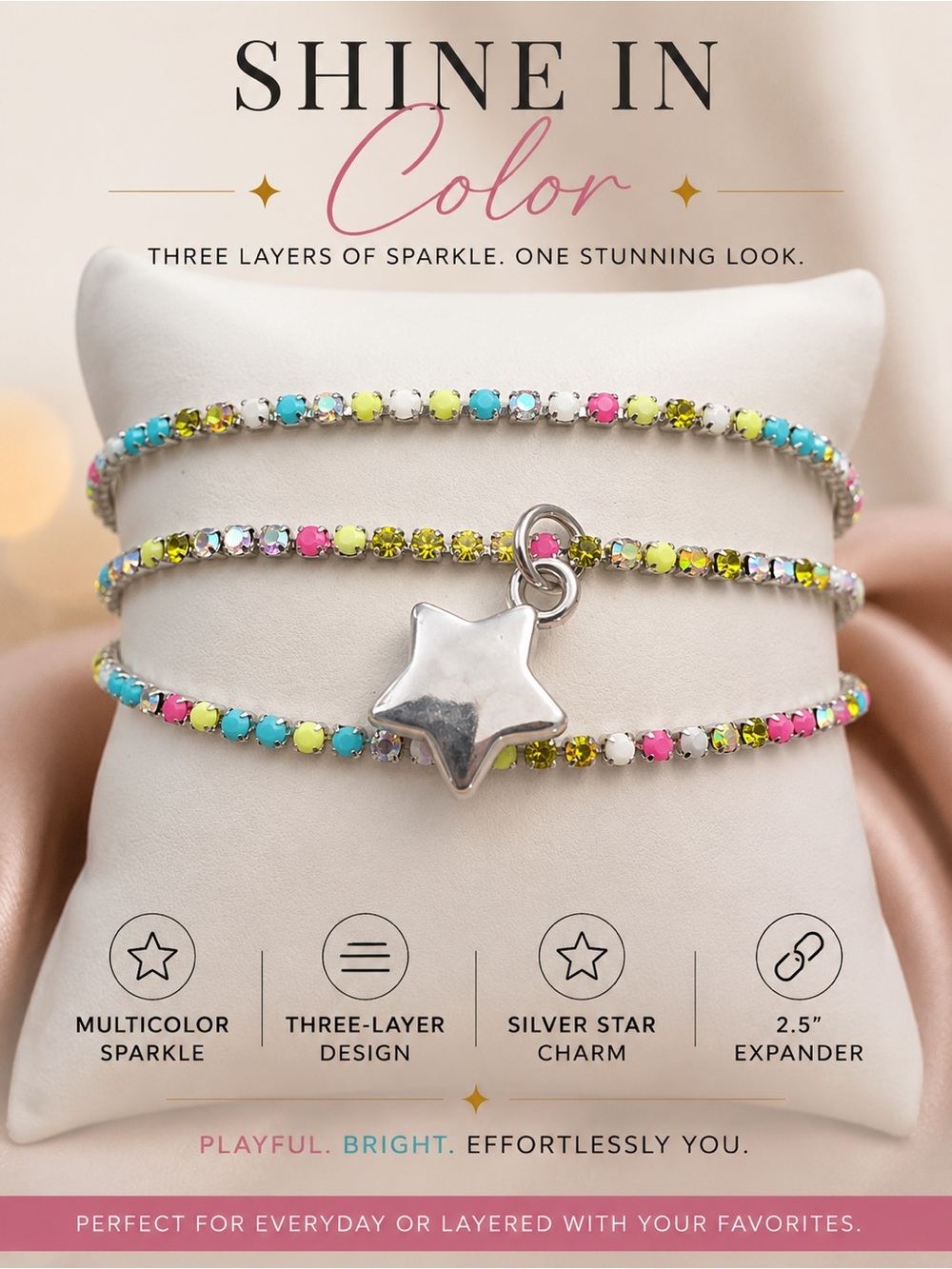 paparazzi Multicolor Crystal Three-Layer Bracelet with Silver Star Charm